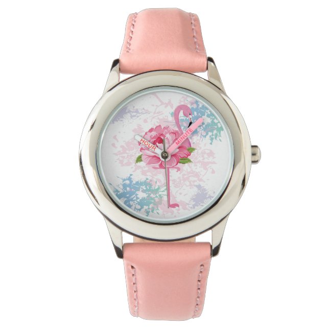 Pink flamingo Floral Cute design Watch (Front)