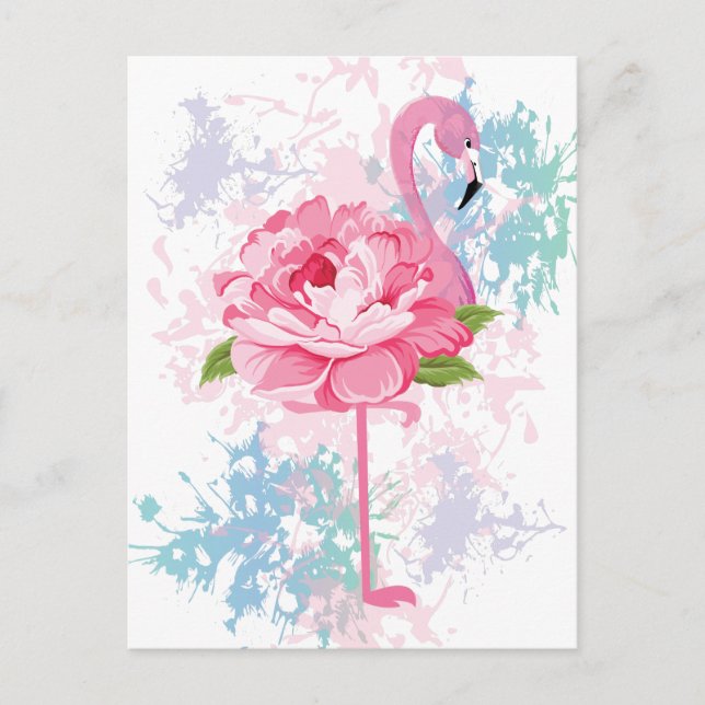 Pink flamingo Floral design Holiday Postcard (Front)