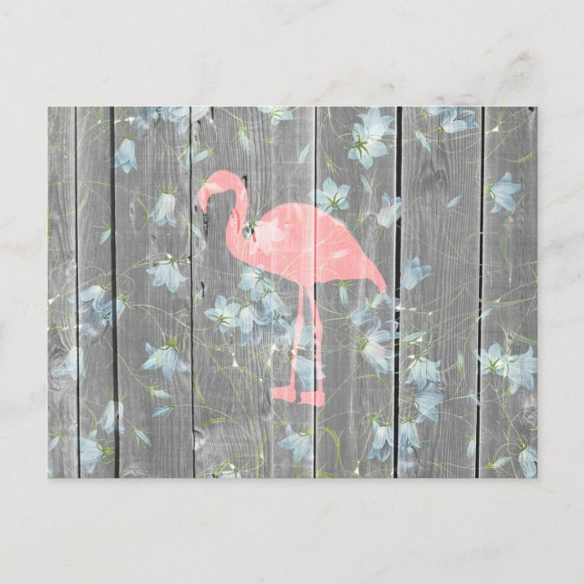 Pink Flamingo Floral Grey Rustic Wood Photo Print Postcard (Front)