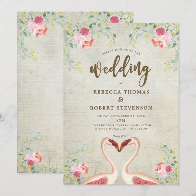 pink flamingo floral modern wedding invitation (Front/Back)