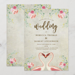 pink flamingo floral modern wedding invitation