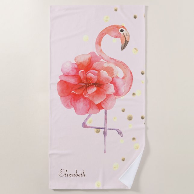 Pink Flamingo Flower,Gold Confetti  Beach Towel (Front)