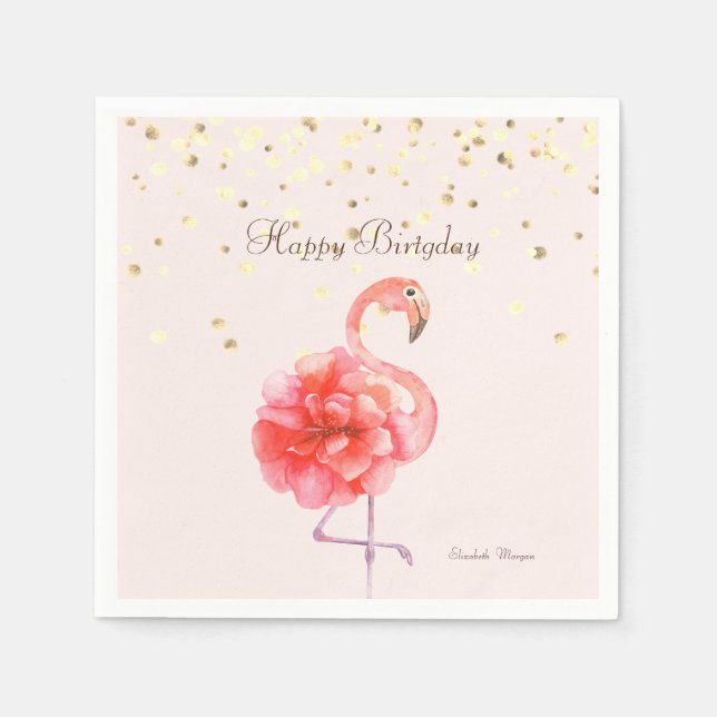 Pink Flamingo Flower,Gold Confetti  Napkin (Front)
