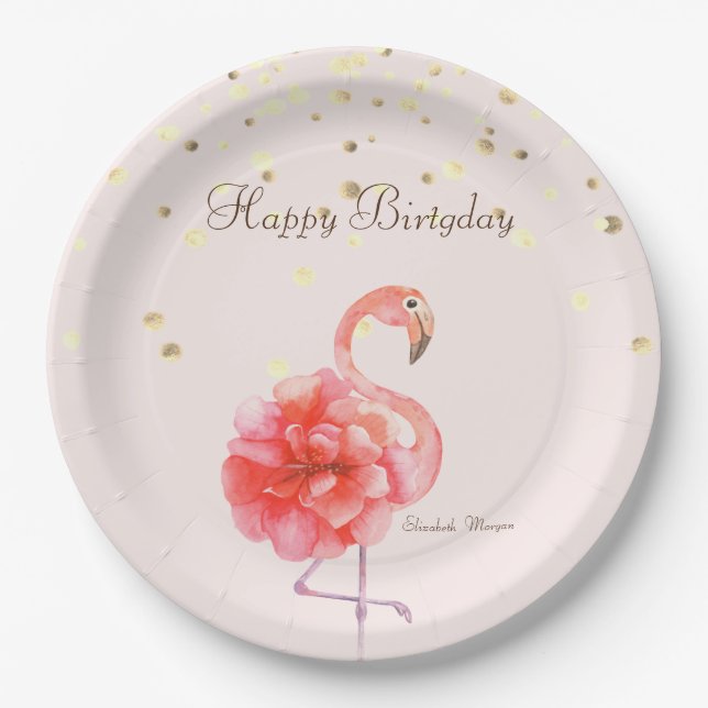 Pink Flamingo Flower,Gold Confetti   Paper Plate (Front)