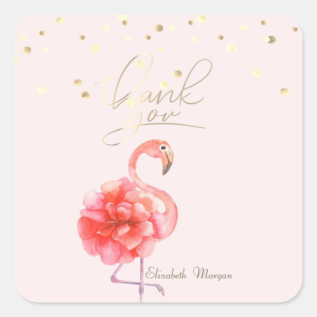 Pink Flamingo Flower,Gold Confetti Thank You Square Sticker (Front)