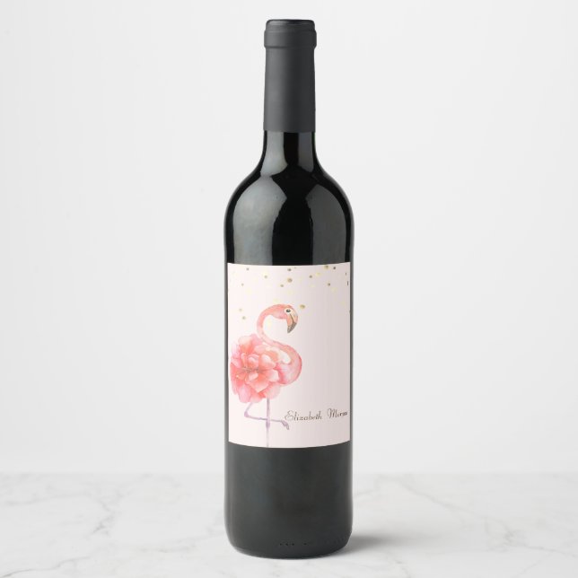Pink Flamingo Flower,Gold Confetti   Wine Label (Front)