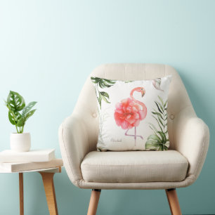 Pink Flamingo Flower, Palm Leaf Cushion