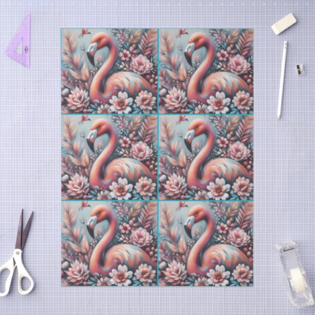 Pink Flamingo & Flowers Chalk Pastel Decoupage  Tissue Paper (Craft)