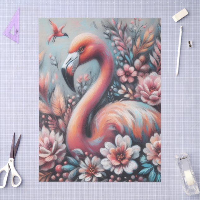 Pink Flamingo & Flowers Chalk Pastel Decoupage  Tissue Paper (Craft)