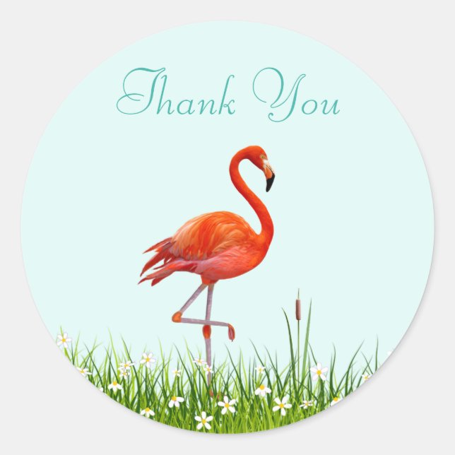 Pink Flamingo & Flowers Thank You Classic Round Sticker (Front)