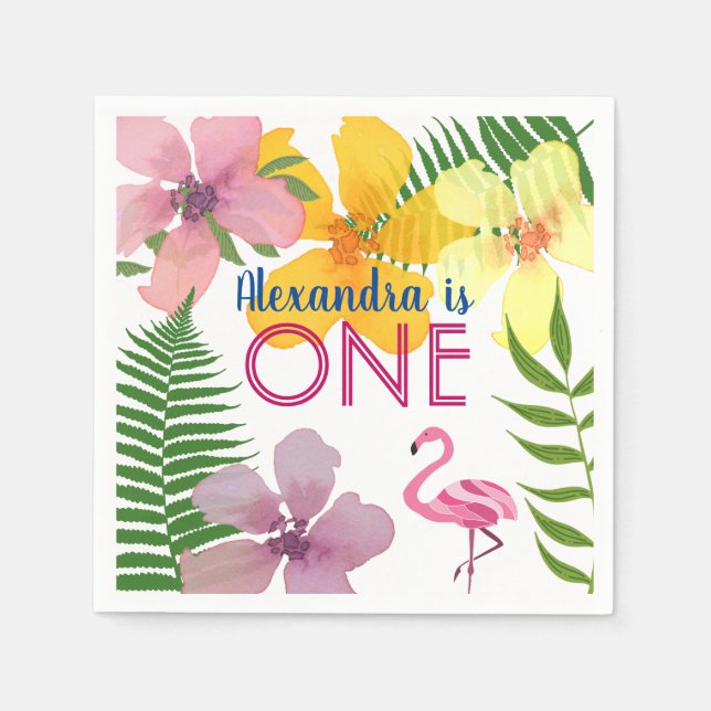 Pink Flamingo Girl 1st Birthday Napkin (Front)