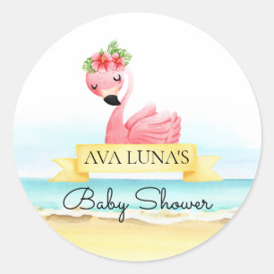 Pink Flamingo Girl Baby Shower Classic Round Sticker