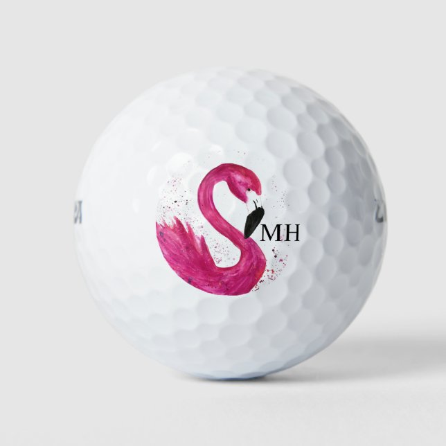Pink Flamingo Girly Tropical Bird Beach Monogram Golf Balls (Front)