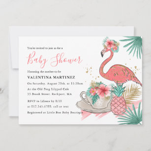Pink Flamingo Gold Glitter Baby Shower Invitation
