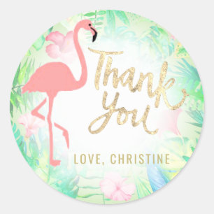 pink flamingo gold thank you classic round sticker