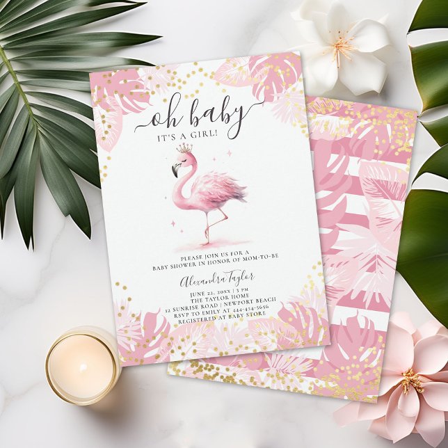 Pink Flamingo Gold Tiara Tropical Girl Baby Shower Invitation (pink flamingo baby girl shower invitation cute watercolor tropical invite gold stripes polka dots)