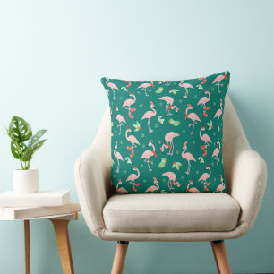 Pink Flamingo Green Christmas Holiday Pattern  Cushion