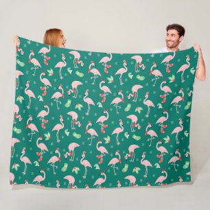 Pink Flamingo Green Christmas Holiday Pattern Fleece Blanket