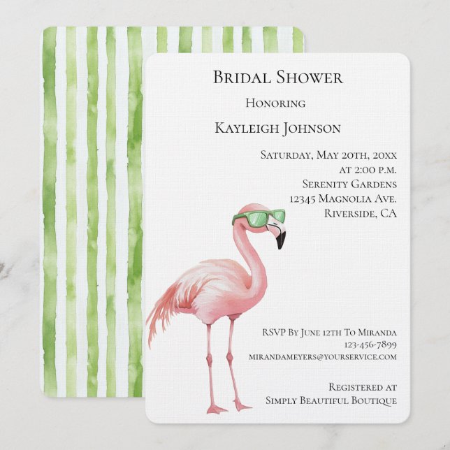 Pink Flamingo Green White Stripes Bridal Shower  Invitation (Front/Back)