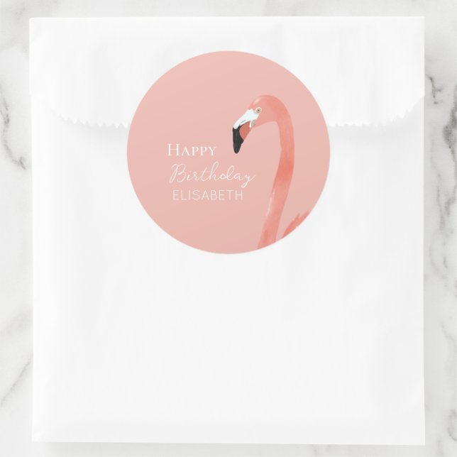 Pink Flamingo Happy Birthday Personalised Name Classic Round Sticker (Bag)