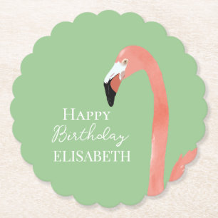 Pink Flamingo Happy Birthday Personalised Name Paper Coaster