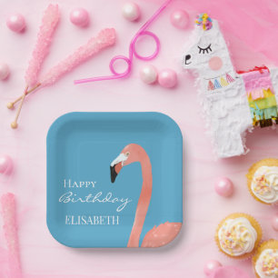 Pink Flamingo Happy Birthday Personalised Name Paper Plate