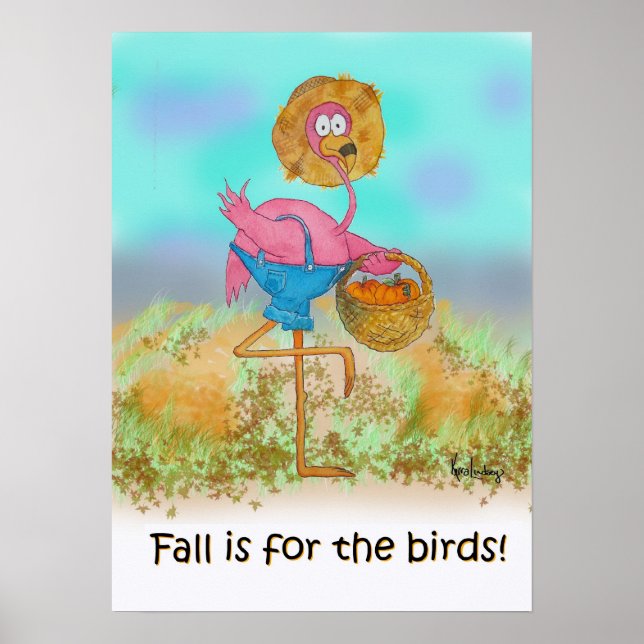 Pink Flamingo Happy Fall Funny Humour Pumpkin Patc Poster (Front)