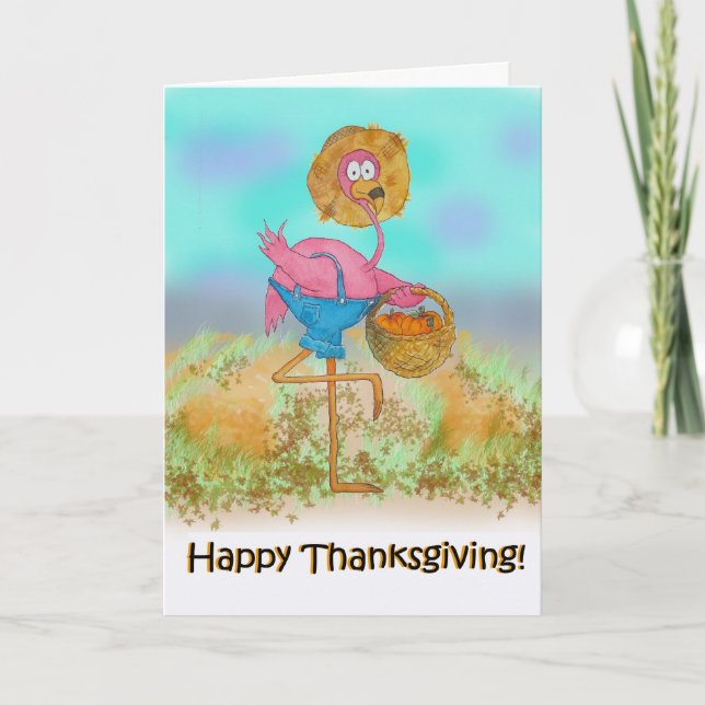 Pink Flamingo Happy Thanksgiving Pumpkin Patch Holiday Card (Front)