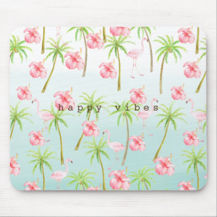 Pink Flamingo Hibiscus Flowers Tropical Palm Trees Mouse Mat