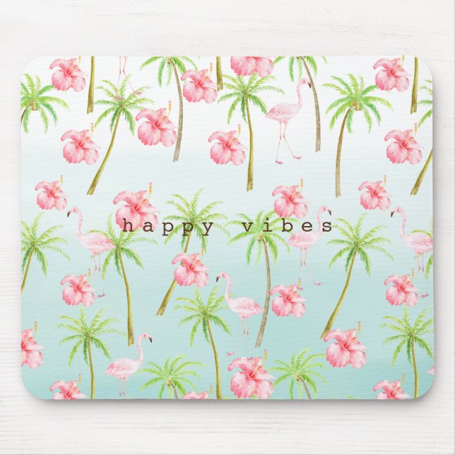Pink Flamingo Hibiscus Flowers Tropical Palm Trees Mouse Mat (Front)