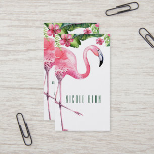 Pink Flamingo & Hibiscus Tropical Floral Leaves Business Card