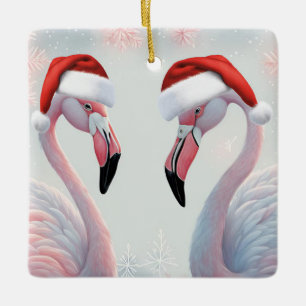 Pink Flamingo Holiday Christmas Ceramic Ornament