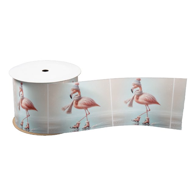 Pink Flamingo Ice Skating Satin Ribbon (Spool)