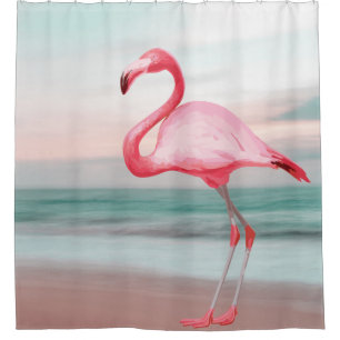 Pink Flamingo Illustration Tropical Beach Sunset Shower Curtain