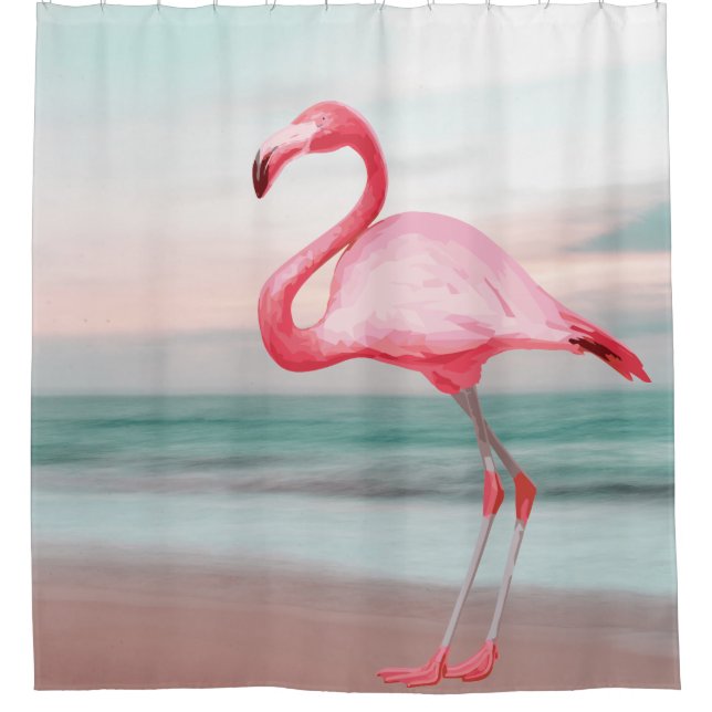 Pink Flamingo Illustration Tropical Beach Sunset Shower Curtain (Front)