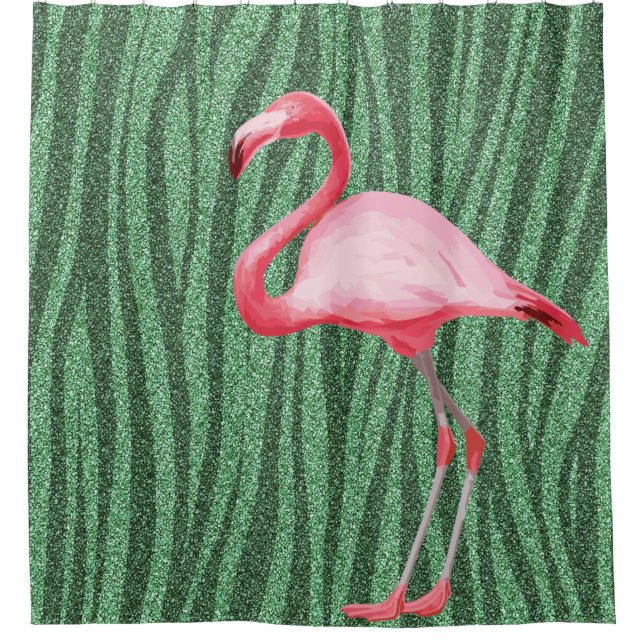 Pink Flamingo Illustration Tropical Bird Green Shower Curtain (Front)