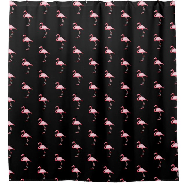 Pink Flamingo Illustration Tropical Pattern Black Shower Curtain (Front)