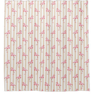 Pink Flamingo Illustration Tropical Pattern Stripe Shower Curtain