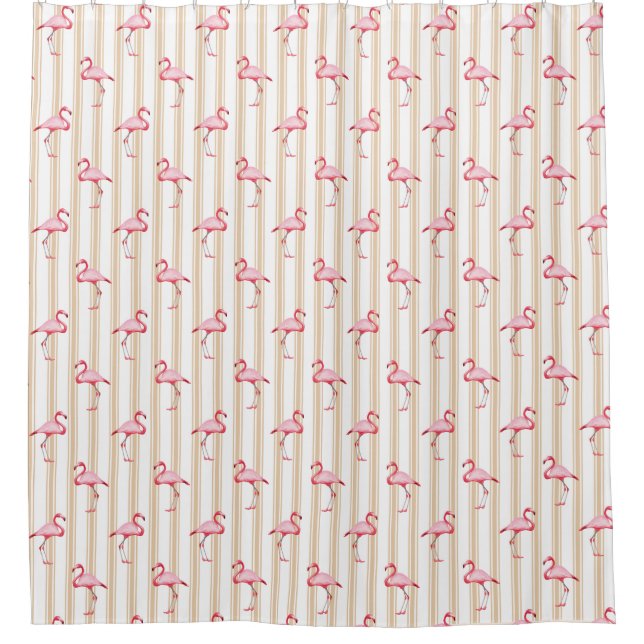 Pink Flamingo Illustration Tropical Pattern Stripe Shower Curtain (Front)