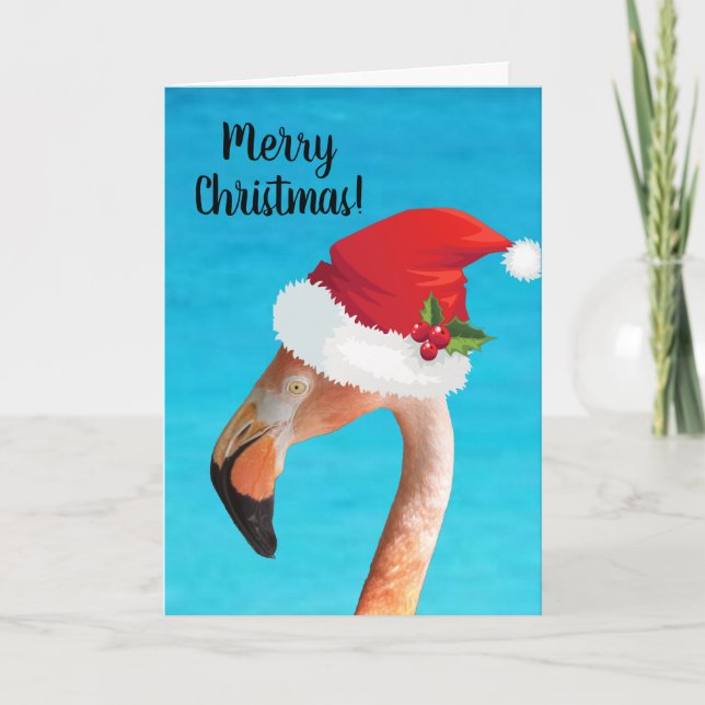 Pink flamingo in a red Santa hat Christmas Card (Front)
