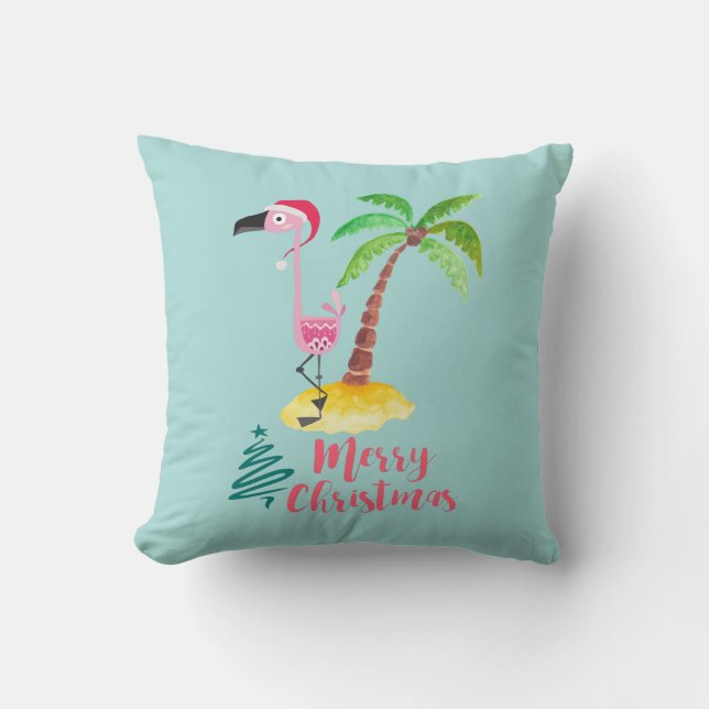 Pink Flamingo In A Santa Hat By A Palm Tree Cushion (Front)
