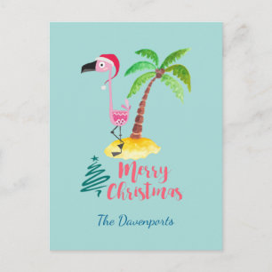 Pink Flamingo In A Santa Hat By A Palm Tree Holiday Postcard