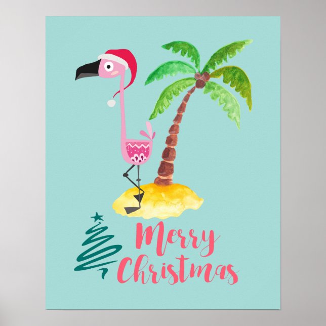 Pink Flamingo In A Santa Hat By A Palm Tree Poster (Front)