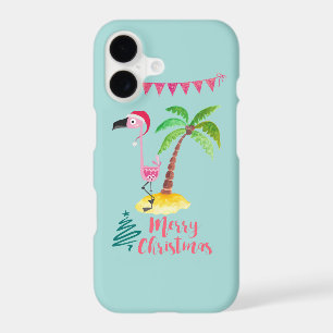 Pink Flamingo In A Santa Hat By A Palm Tree Xmas