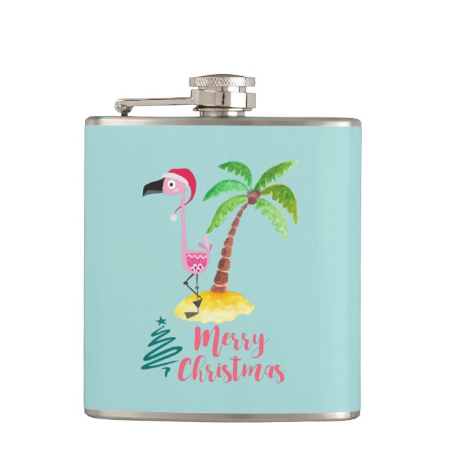 Pink Flamingo In A Santa Hat By A Palm Tree Xmas Hip Flask (Front)