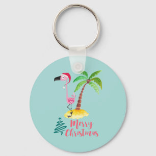 Pink Flamingo In A Santa Hat By A Palm Tree Xmas Key Ring