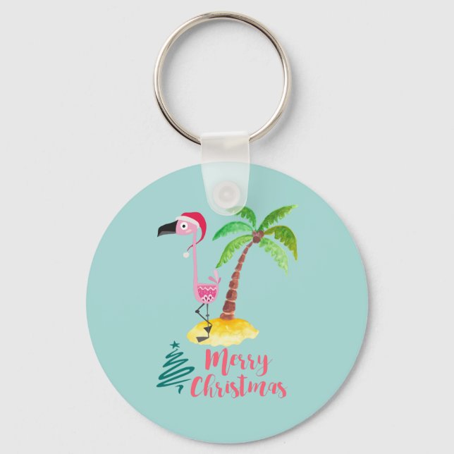 Pink Flamingo In A Santa Hat By A Palm Tree Xmas Key Ring (Front)