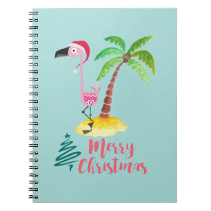 Pink Flamingo In A Santa Hat By A Palm Tree Xmas Notebook