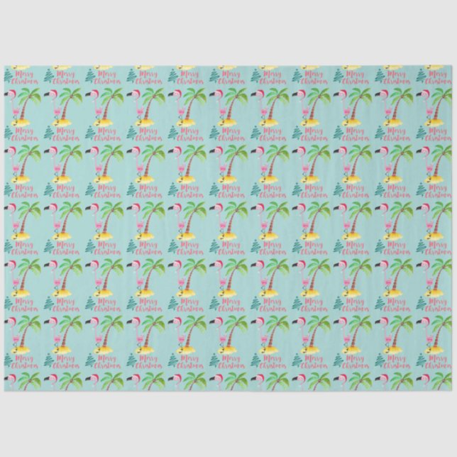 Pink Flamingo In A Santa Hat By A Palm Tree Xmas Tissue Paper (Front)