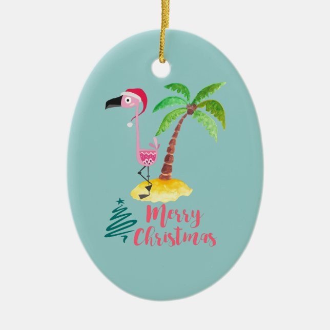 Pink Flamingo In A Santa Hat Cute Ceramic Tree Decoration (Front)